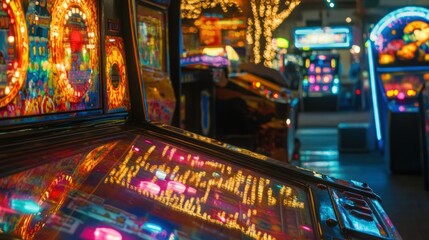 A vibrant arcade featuring several brightly lit pinball machines