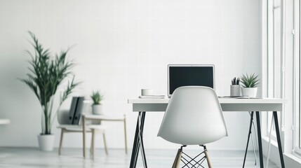 Modern Workspace: A minimalist home office setup with a sleek white desk, a modern chair, and natural light from the window, creating a productive and calm atmosphere.