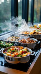 Fototapeta premium Ready-to-serve hot dishes on a buffet table warm ambiance enhancing presentation food photography from afar