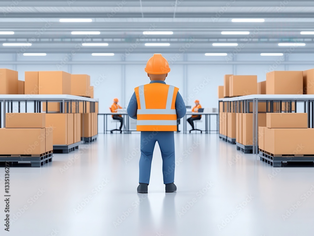 Poster warehouse worker overseeing operations in a busy distribution center