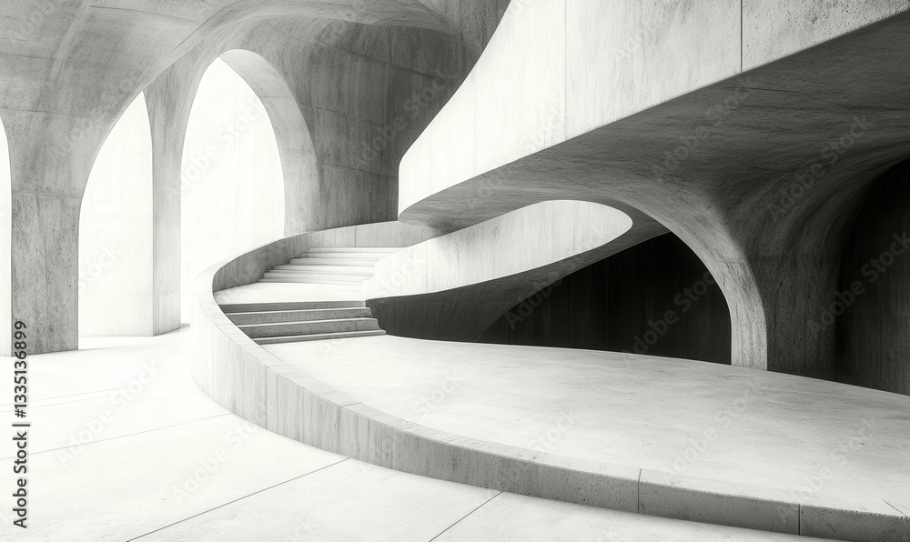 Poster minimalist black and white abstract art of geometric lines and curves, soft diffused light highlight
