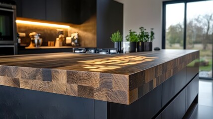 Rustic kitchen showcase organic butcher block elegance modern home photography warm lighting aerial view craftsmanship highlight