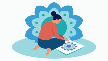 Obraz premium Meditative Art A person creating a mandala on a large piece of paper focusing intently on the patterns symbolizing how meditative art practices can reduce stress and promote