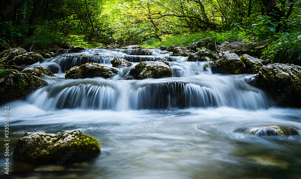 Poster flowing stream water cascading over rocks in a forest setting