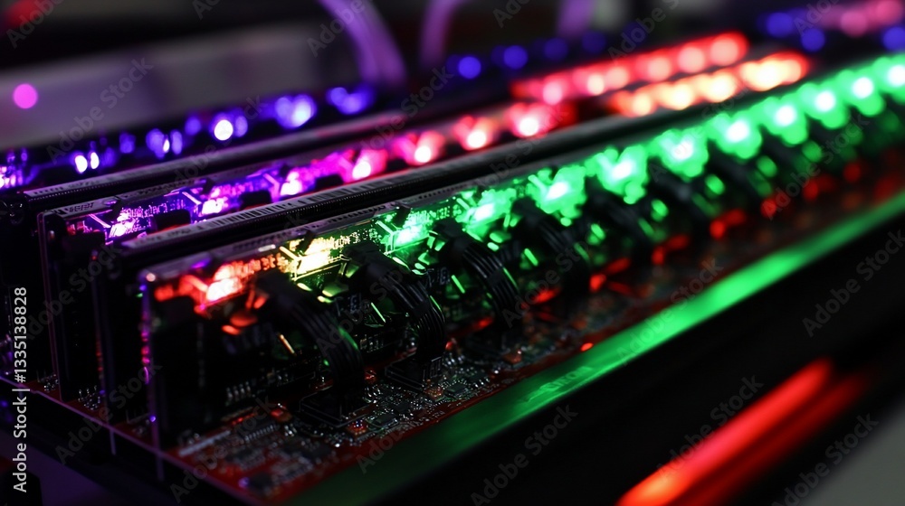 Poster colorful ram modules in a server rack, lit with rgb lights, showing high-performance computing