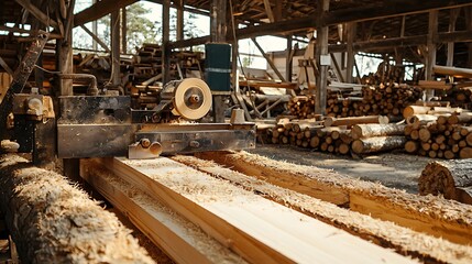 Fototapeta premium Industrial lumber processing facility. Freshly cut lumber on conveyor