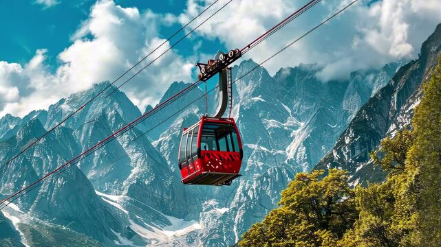 Red cable car moving above stunning snow-covered mountains, offering a breathtaking view of the alpine landscape