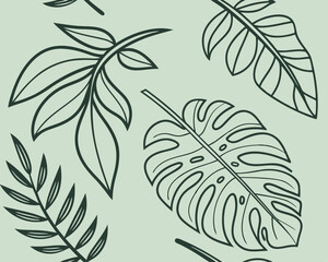 Seamless Tropical Leaves Pattern. Minimalist seamless vector pattern with hand-drawn tropical leaves such as monstera and palm. Natural foliage design in elegant green tones.