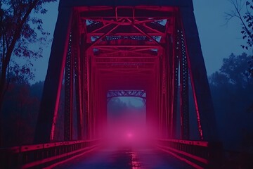Lit Red Bridge in Fog at Dusk. Potential background scene