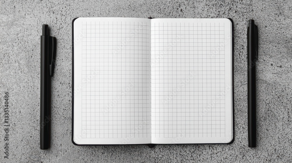 Poster open notebook and pens: an open notebook with a grid pattern, flanked by two sleek pens, inviting th