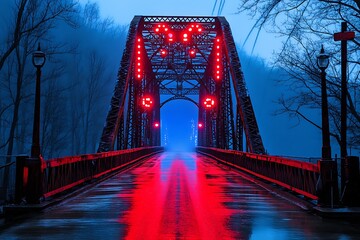 Red lit bridge over a road with a foggy backdrop, for commercial infrastructure use