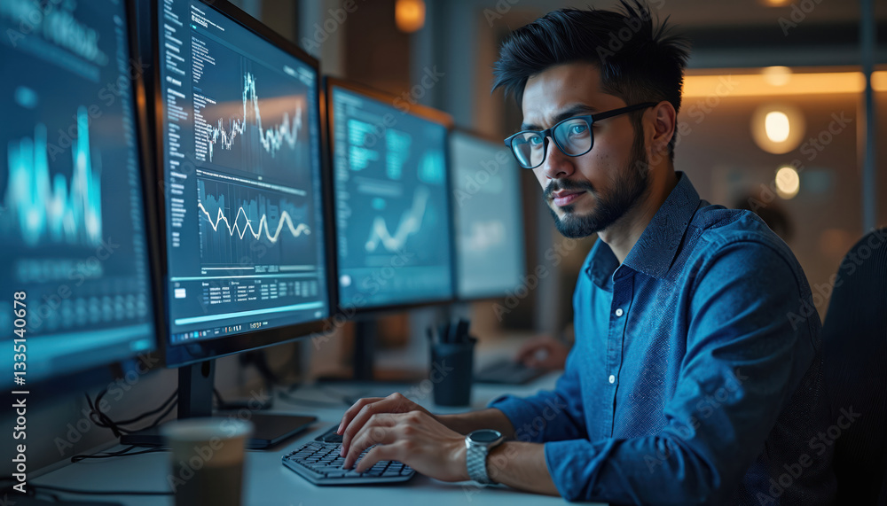 Poster Portrait of web analytics developer works in modern office. Tech worker types code on keyboard sitting before multiple monitors. Data analysis graphs, charts displayed on screens. Pro IT occupation.