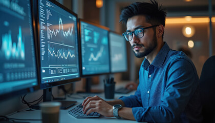 Portrait of web analytics developer works in modern office. Tech worker types code on keyboard sitting before multiple monitors. Data analysis graphs, charts displayed on screens. Pro IT occupation.