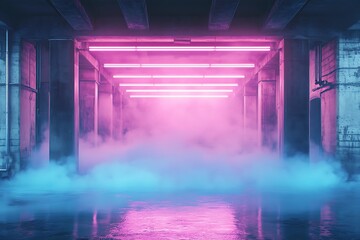 Tunnel entrance with pink neon lights and fog, cinematic vapor environment concept background