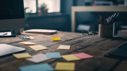 Fototapeta premium A cluttered wooden desk with notes and office supplies scattered around