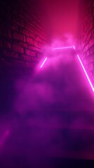 Neon tunnel with smoke and brick walls, glowing scene with mysterious atmosphere