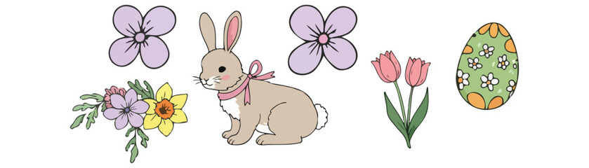 Collection cute elements for Easter included in the set are cute little chicks, floral accents, and classic Easter icons like egg baskets and decorated eggs. Each piece is designed to capture.