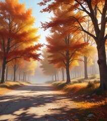 Fototapeta premium Crisp autumn day, sunlit trees, colorful foliage, forest, golden, season
