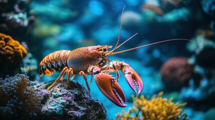 Vibrant lobster perched on ocean rock, surrounded by coral