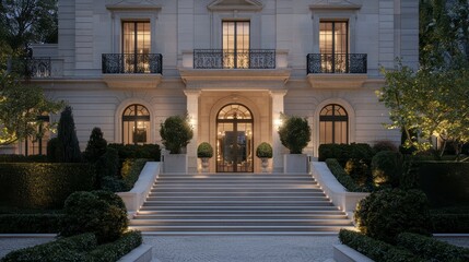 Obraz premium Majestic Mansion: An elegant and opulent mansion exudes classic charm with a stunning architectural design, featuring symmetrical facade, manicured gardens, and warm interior light.