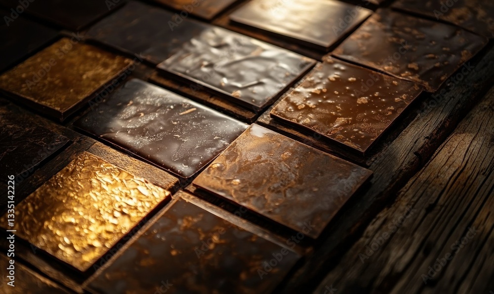 Poster rich chocolate bars with glossy textures placed on a rustic wooden surface illuminated by soft glowi