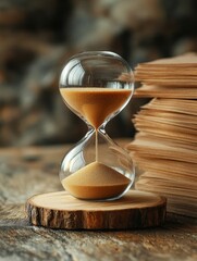 Timeless Elegance: An Hourglass Whispering Tales of Passing Moments Amidst a Pile of Books, A Symbol of Knowledge, History, and the Fleeting Nature of Time
