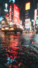 Rainy night in city center with yellow cab, reflecting lights, vibrant urban background