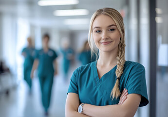 Fototapeta premium A young nurse with long blonde hair proudly stands in a hospital corridor. She wears scrubs and smiles confidently while other healthcare professionals walk by