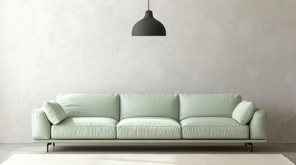 A contemporary minimalist living room with a soft mint green sofa, a neutral cream rug, and a sleek matte black pendant light