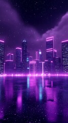Neon cityscape at night with rainy reflection, starry sky, futuristic background, wallpaper