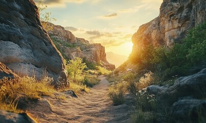 Obraz premium Scenic hiking trail through a rugged canyon, dramatic cliffs towering above and a soft glow from the setting sun creating a magical atmosphere, .
