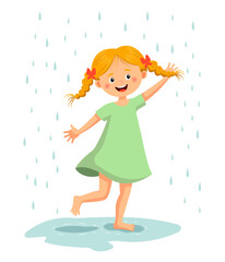 A cheerful girl with braided hair is happily dancing in the rain, splashing barefoot in a puddle. She is wearing a light green dress and has a happy expression on her face. This illustration conveys t