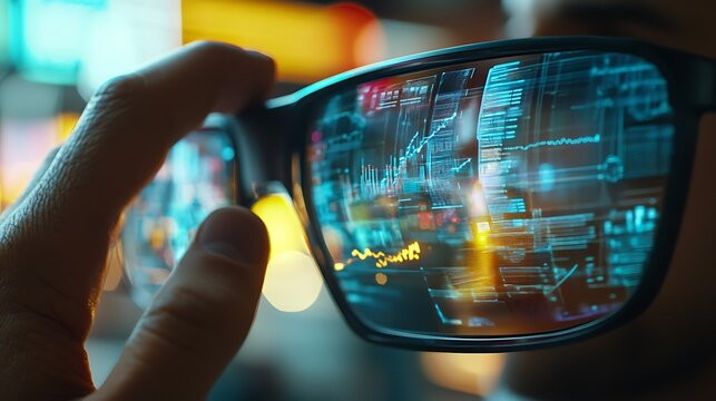 A person holding glasses with data reflecting on the lenses