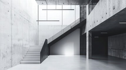 Fototapeta premium Modern Concrete Architecture: A minimalist composition showcasing a contemporary architectural interior featuring a stark concrete staircase, sleek lines, and expansive windows.