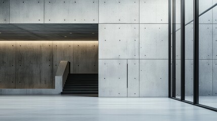 Modern Minimalist Interior: A sleek and minimalist hallway in a modern building, featuring a concrete wall, glass windows, and a black staircase.