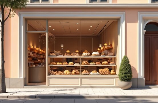 Modern pastry shop exterior delicious treats behind large window. Contemporary building facade, trendy urban design with inviting cafes. Commercial patisserie displays cakes, desserts attracting