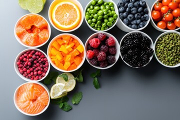 Color theory in food contrasting hues of fresh fruits and vegetables studio lighting overhead view balanced composition