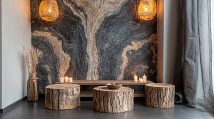 Cozy Living Room with Natural Wood Tables and Abstract Wall Art