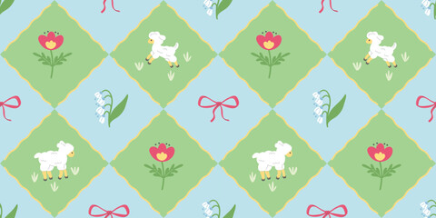 Seamless floral lattice pattern with bows and cute sheep. Hand-painted spring and summer flowers. Elegant fashionable print with bows. Design for baby print, fabric, wallpaper or wrapping paper.
