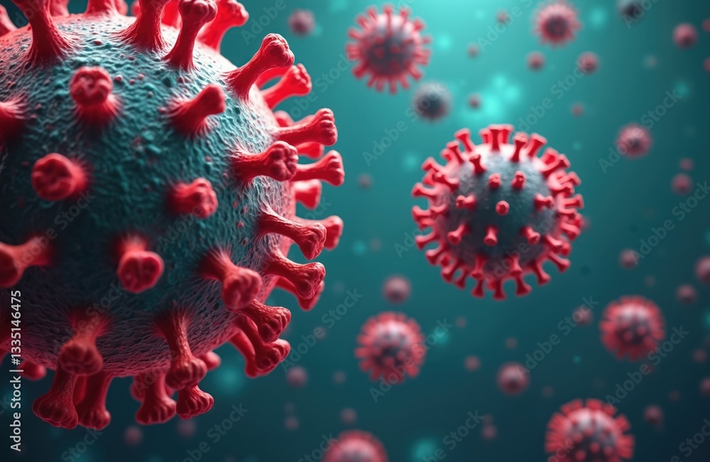 Poster Close-up of red pathogenic virus virion particle under microscope. Generative AI illustration of disease germ, microbes, microbe. Microscopic pathogens cause infection, outbreak, epidemic, pandemic.