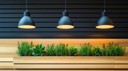 Obraz premium Modern Workspace Interior with Pendant Lights and Green Plants