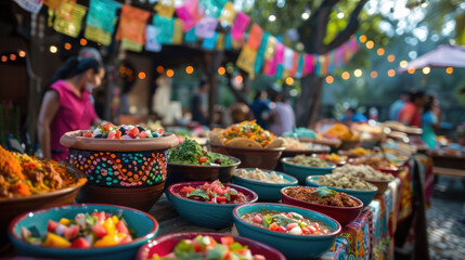 celebration of Cinco de Mayo, the national holiday of Mexico, an outdoor cafe decorated with garlands and flags, a selection of street food dishes