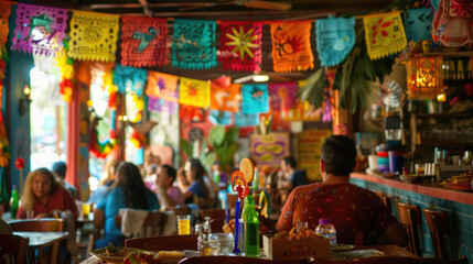 Celebration of Cinco de Mayo, Mexico's national holiday, outdoor tourist cafe decorated with garlands and flags
