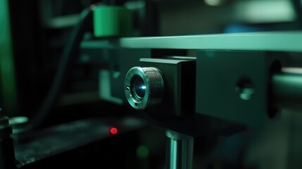 Fototapeta premium Close-Up of Precision Optical Equipment with Green Lighting and Advanced Technology Features in a Modern Laboratory Environment