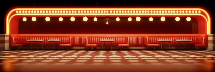 Retro diner booth scene, red neon lights and floor, empty seating, restaurant interior