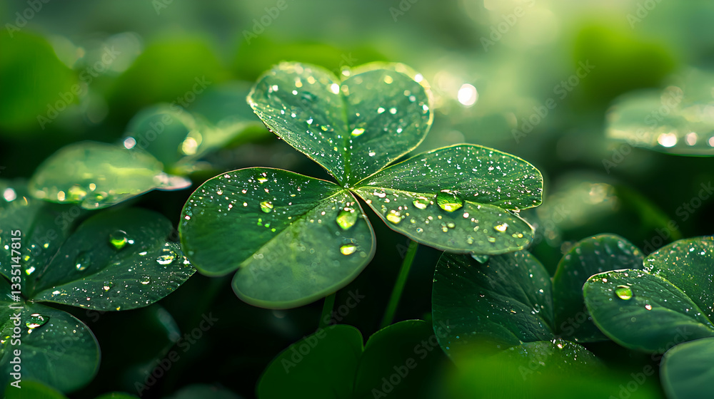 Poster close-up clover patch with dew drops shining in soft light