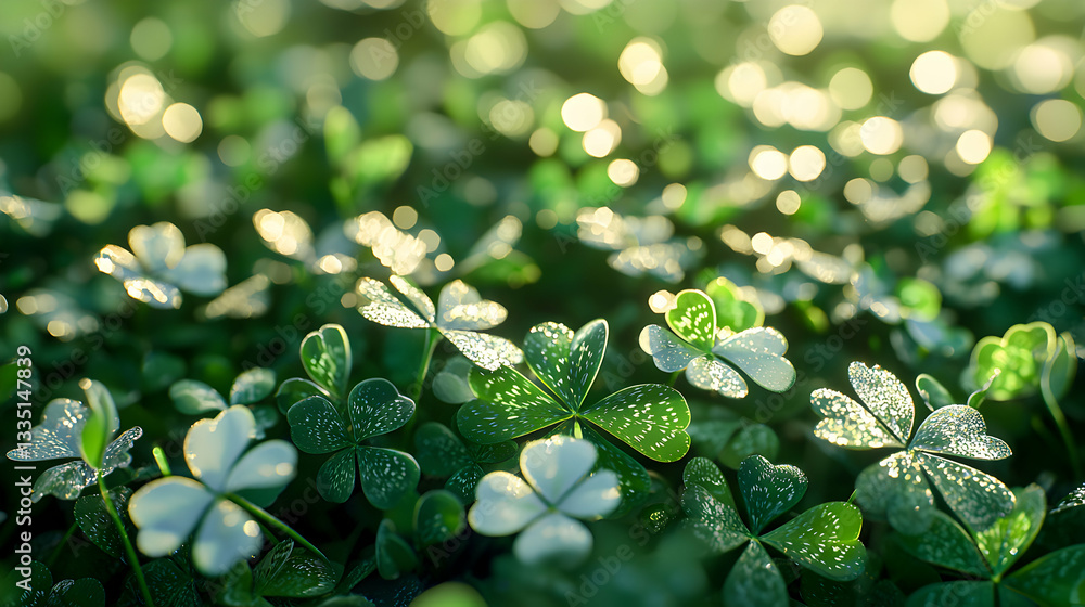 Poster close-up of vibrant green clover patch with bokeh background