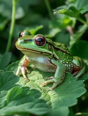 Naklejka premium Verdant Amphibian: A Vibrant Green Frog Amidst Lush Foliage, Capturing the Essence of Wildlife and Nature's Intricate Beauty in a Detailed Macro Shot