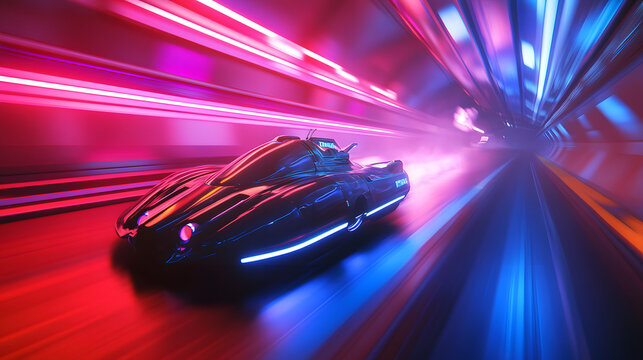 An AI-powered hyperloop pod racing at extreme speed through a neon tunnel.