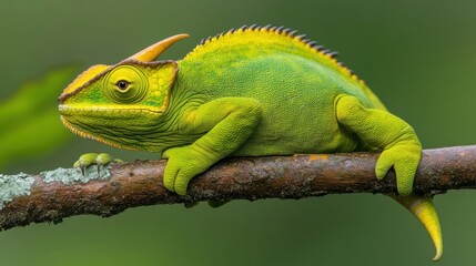 Fototapeta premium A vibrant green lizard perched on a branch against a blurred natural background, showcasing its unique features, Ideal for wildlife articles, educational materials, or nature-themed designs,